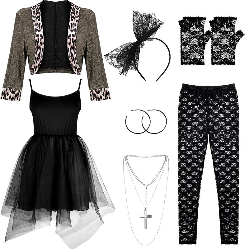Boyiee Womens 80s Costume Set Dress Jacket Headband Earrings Necklace Lace Legging Gloves Halloween 80s Themed Costumes(L) - Image 1